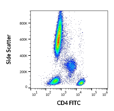Surface staining of human peripheral blood cells using FITC-conjugated CD4 [MEM-241] antibody (GTX18281). 
